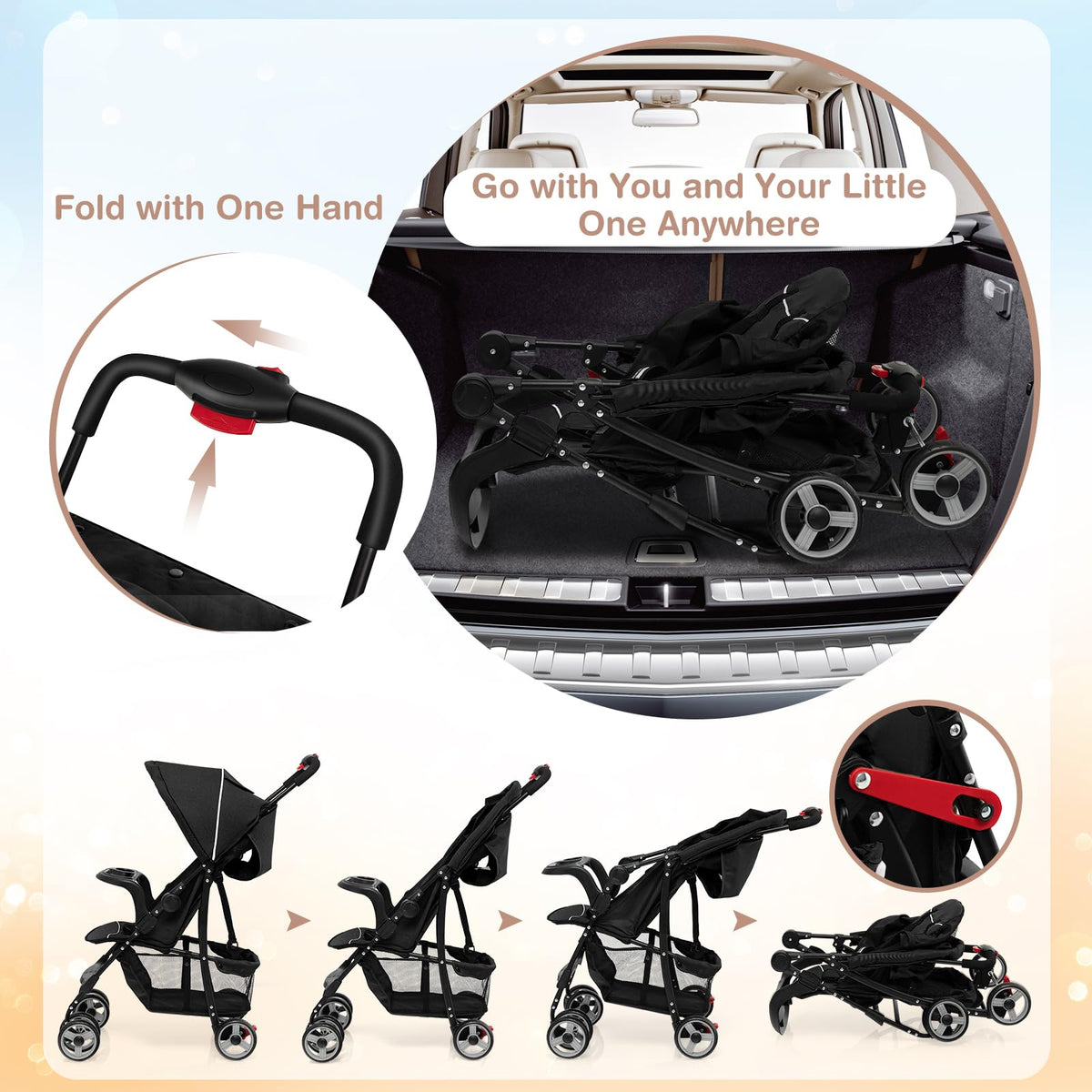 Lightweight Compact Toddler Travel Stroller with Canopy, 5-Point Harness, Storage Basket, One-Hand Fold, Black B360756