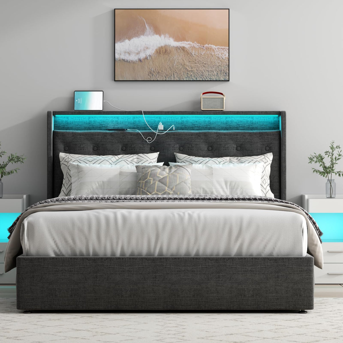 Queen Lift Up Storage Bed Frame with Charging Station & LED Lights Dark Grey B1863