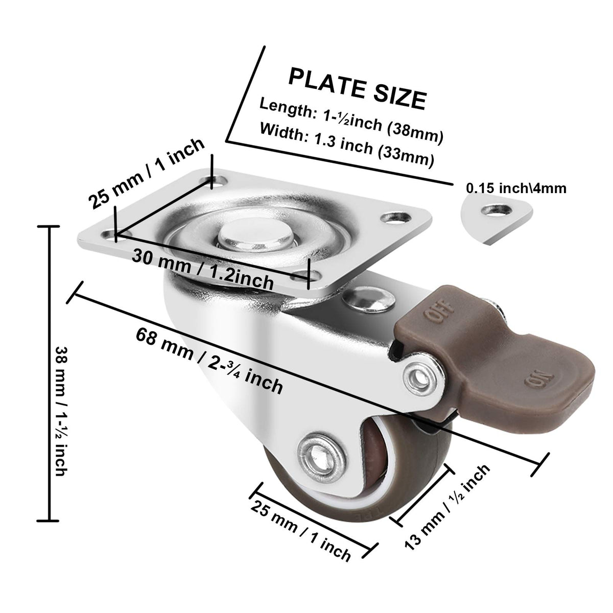 1 Inch TPE Rubber Swivel Caster Wheels Set of 4 with Brakes O6210