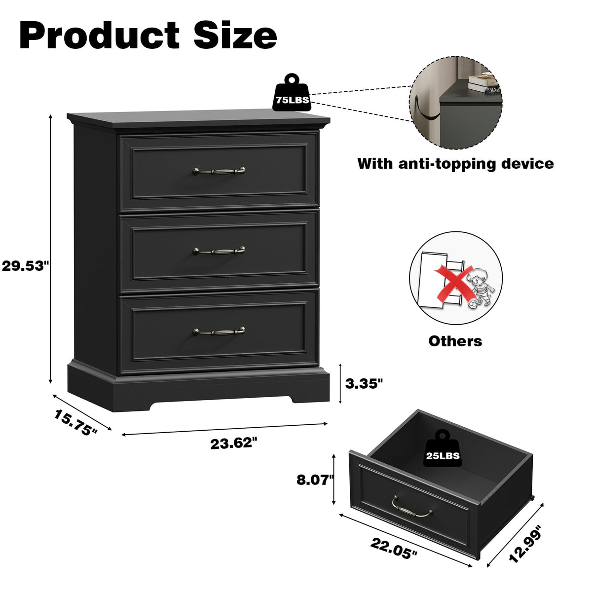 Black 3 Drawer Wood Dresser H949