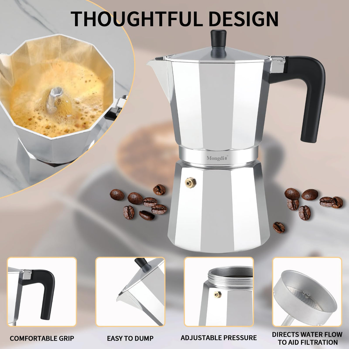 Stovetop Espresso Maker Moka Pot 10 oz Silver L250