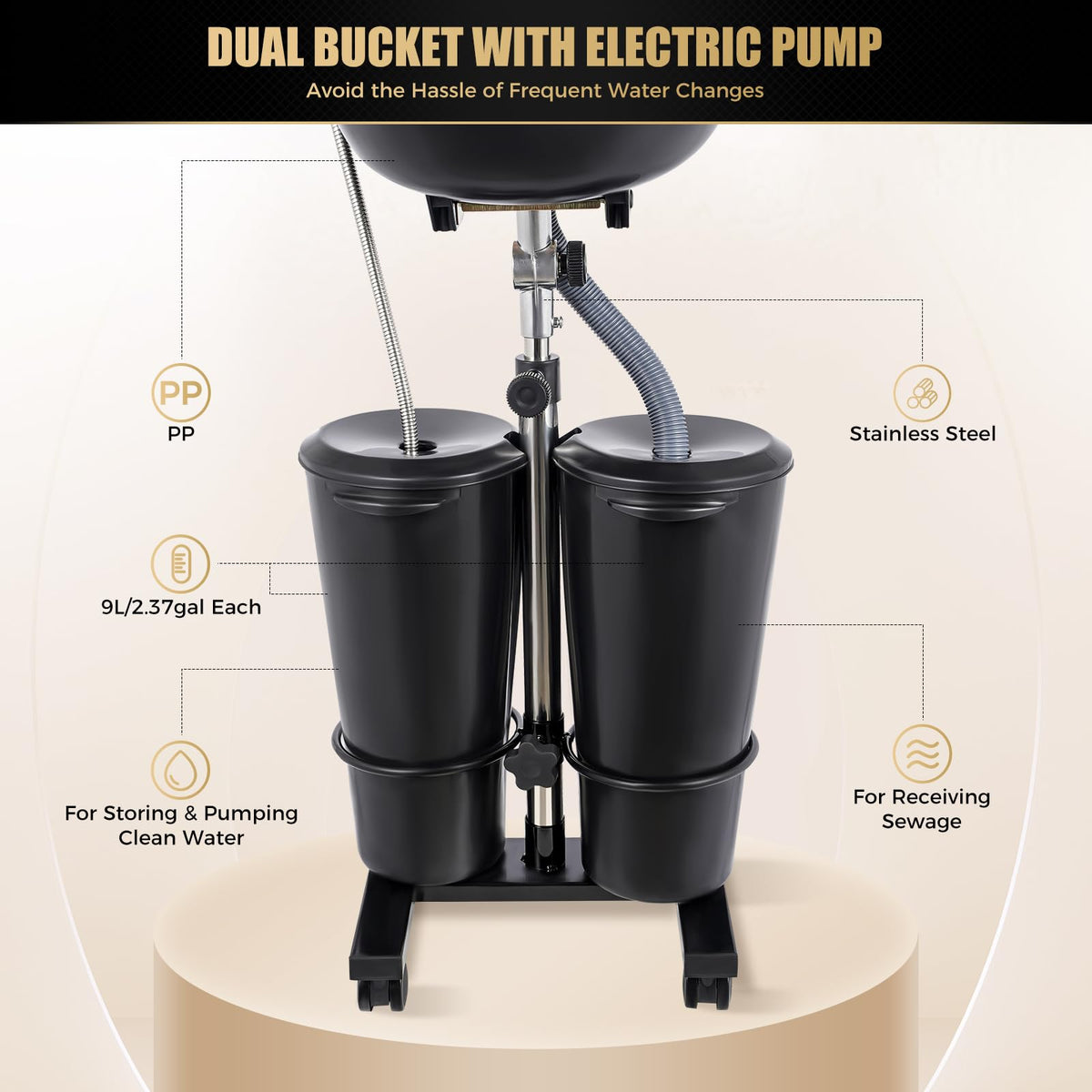 Portable Height and Angle Adjustable Shampoo Basin with 2 Water Buckets and 4 Wheels W182952