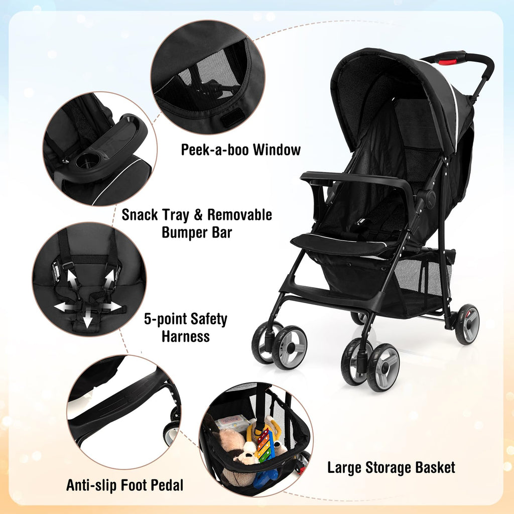 Lightweight Compact Toddler Travel Stroller with Canopy, 5-Point Harness, Storage Basket, One-Hand Fold, Black B360756