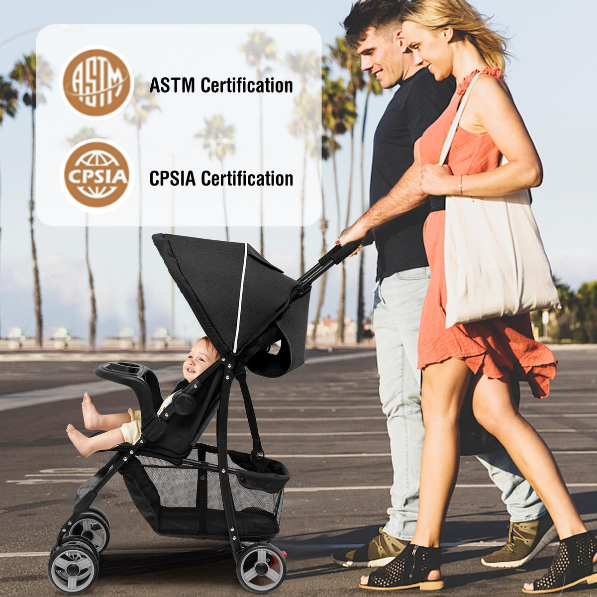 Lightweight Compact Toddler Travel Stroller with Canopy, 5-Point Harness, Storage Basket, One-Hand Fold, Black B360756