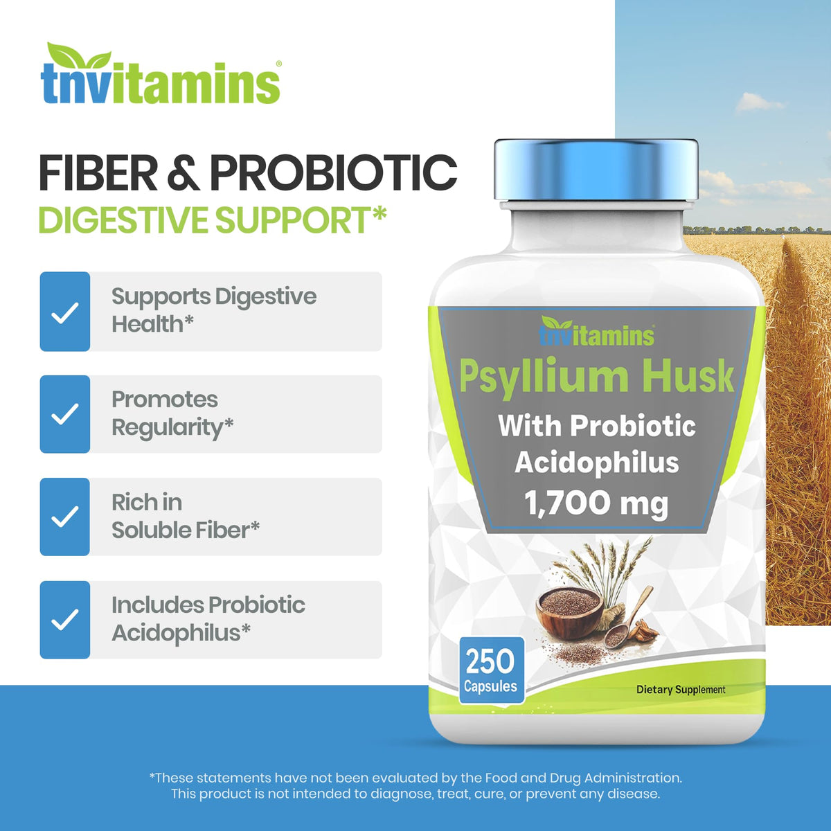 Psyllium Husk Capsules 1700 MG 250 Capsules H10444