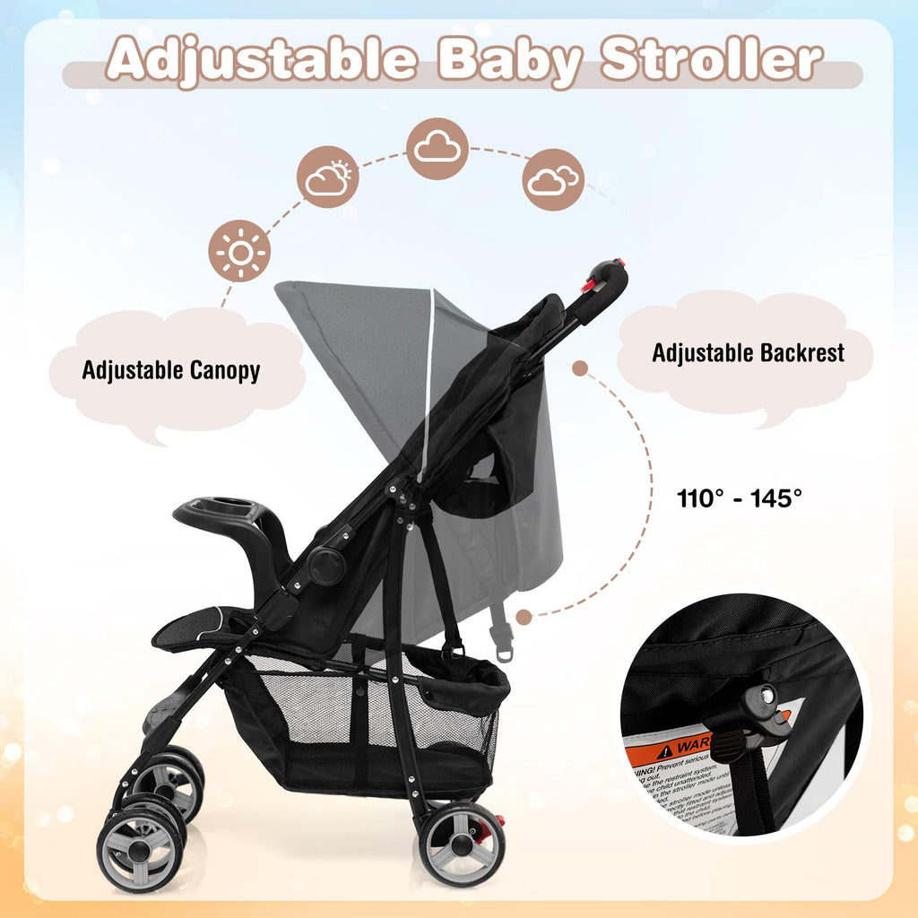 Lightweight Compact Toddler Travel Stroller with Canopy, 5-Point Harness, Storage Basket, One-Hand Fold, Black B360756