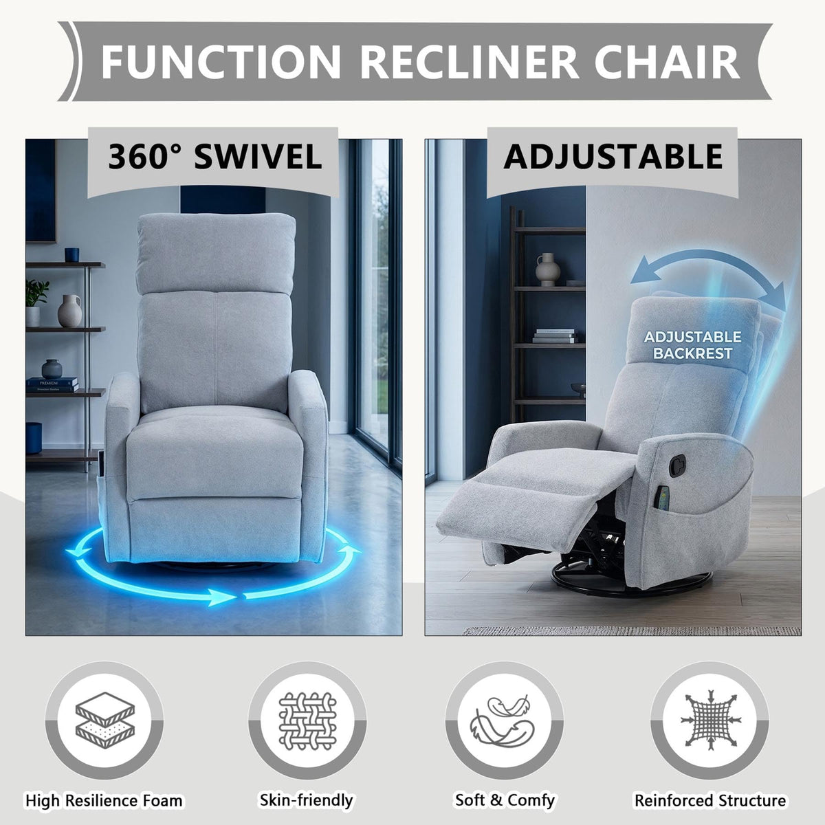 Gray Manual Swivel Glider Recliner with Massage E66611