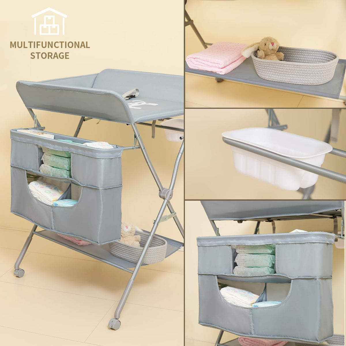 Foldable Baby Changing Table with Wheels O589842