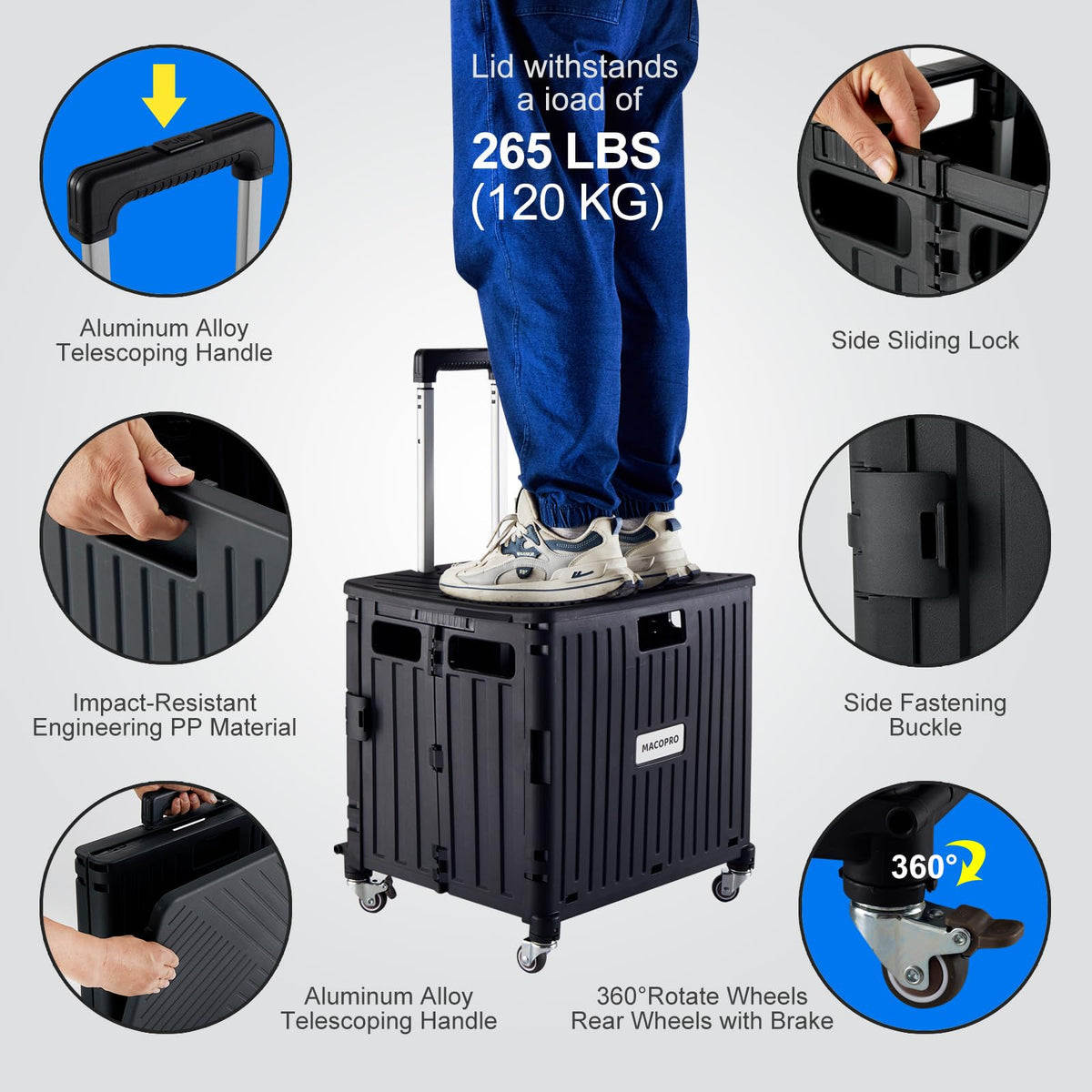 Folding Utility Cart Rolling Crate Handcart with Lid Black W696267