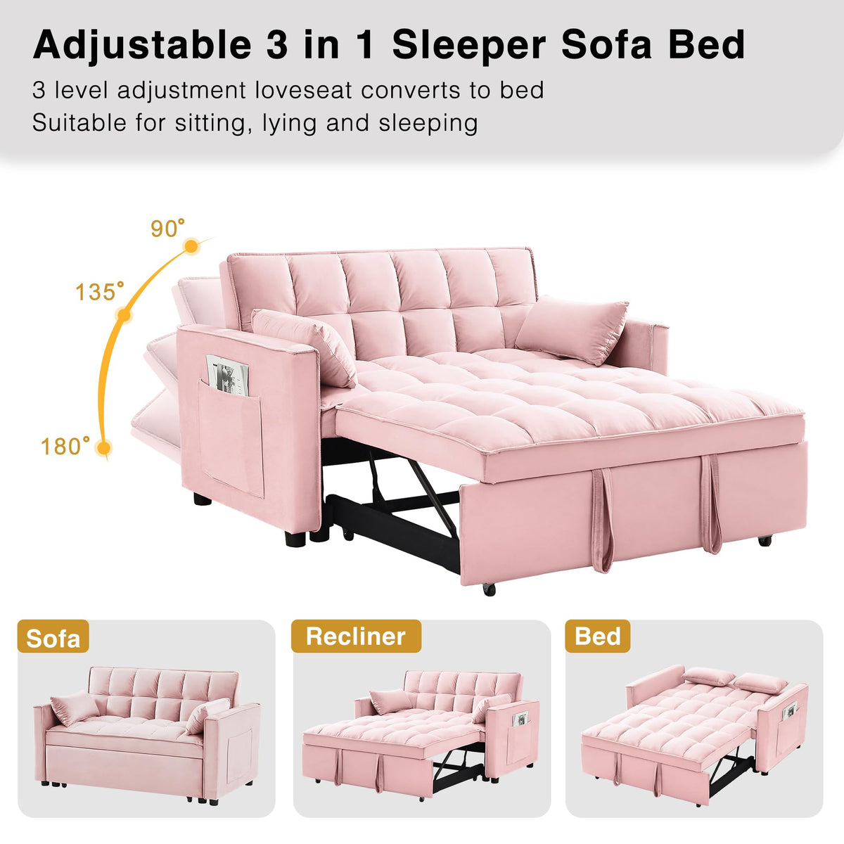 3 in 1 Convertible Sleeper Sofa Bed Velvet Pink Y974727