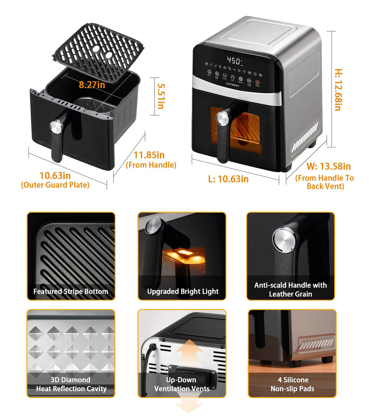 Stainless Steel Ceramic Coated 6QT Air Fryer I201