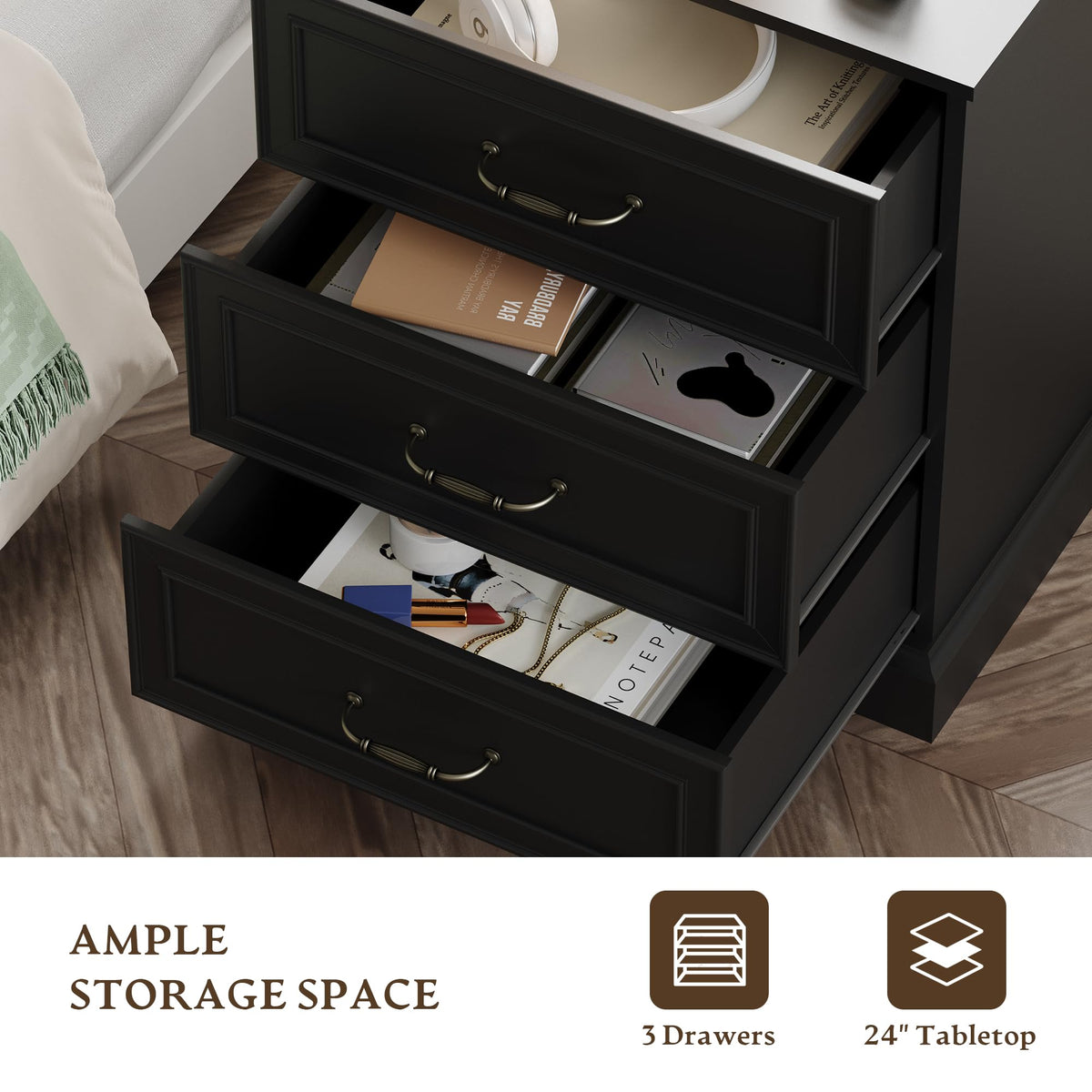 Black 3 Drawer Wood Dresser H949