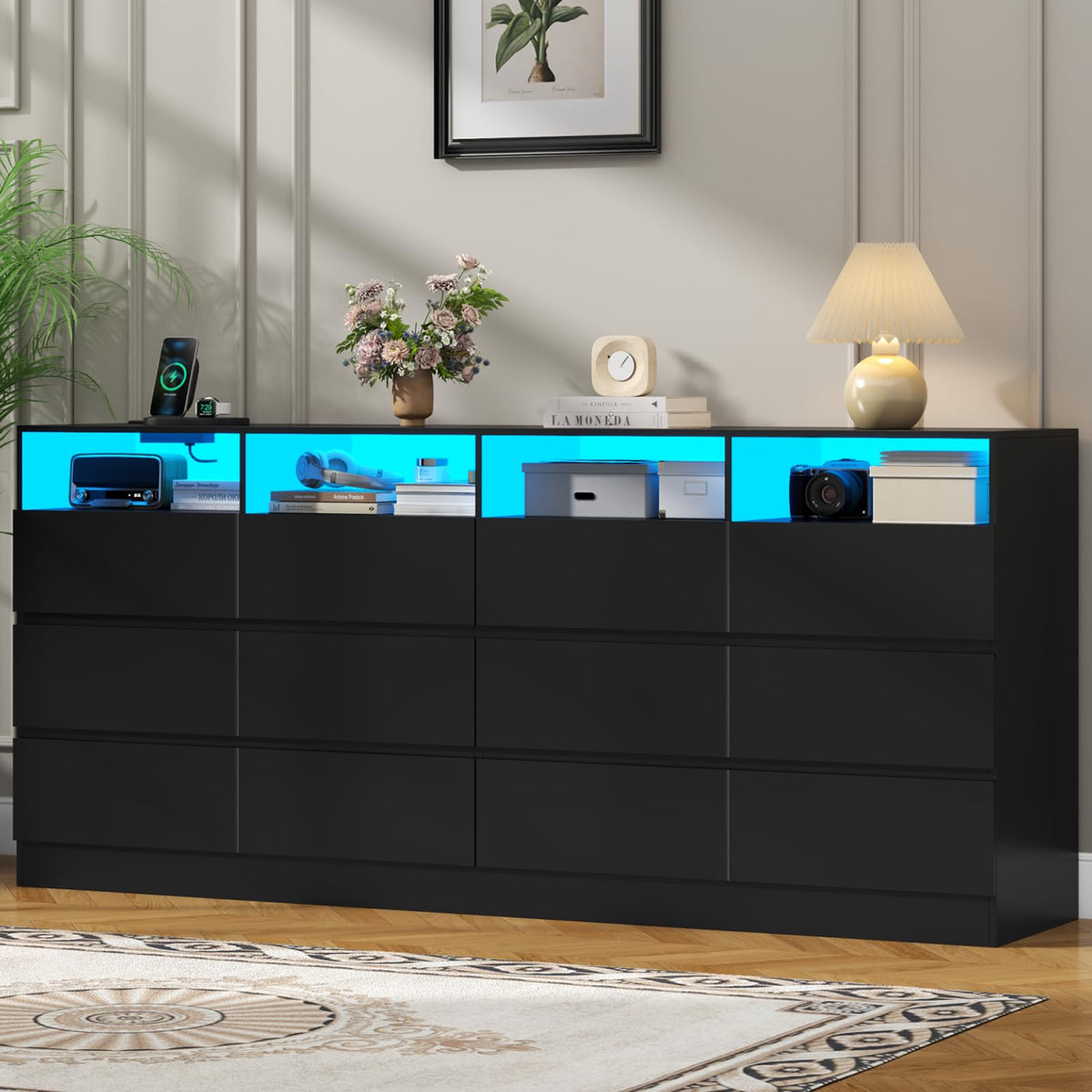 Black 12-Cell Divided Drawers Dresser with Charging Station R6906