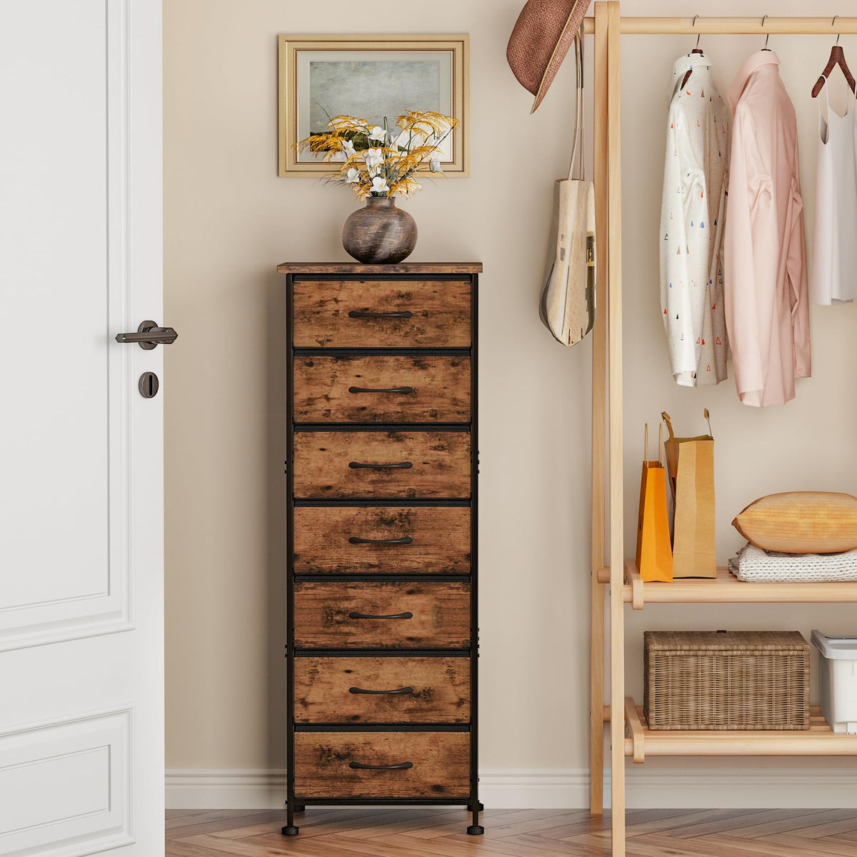 Rustic Brown 7 Fabric Drawer Dresser S8279