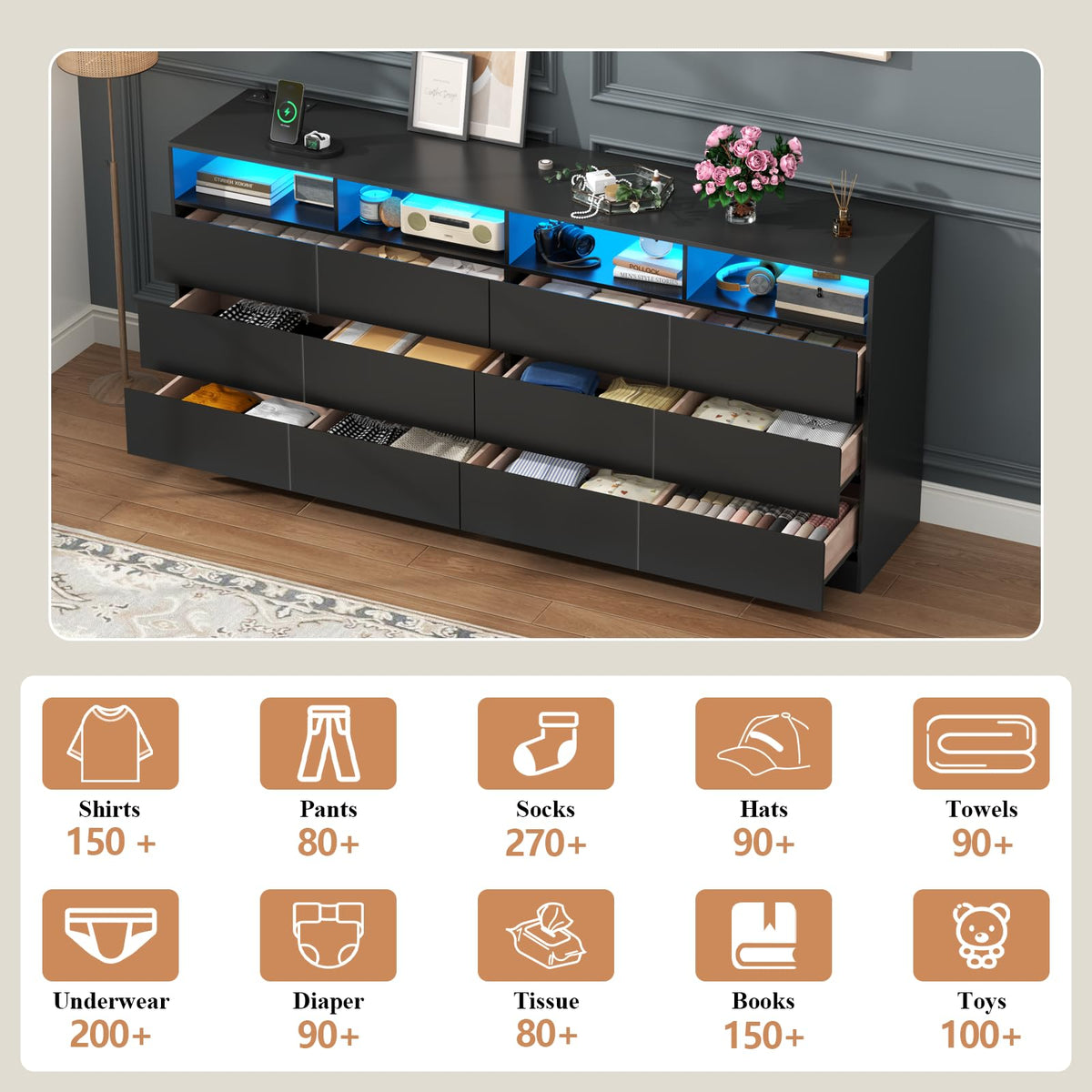 Black 12-Cell Divided Drawers Dresser with Charging Station R6906