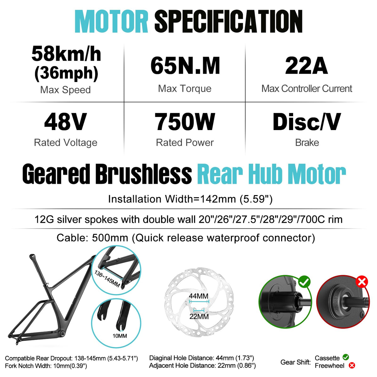 48V 750W Rear Electric Bike Conversion Kit S747347