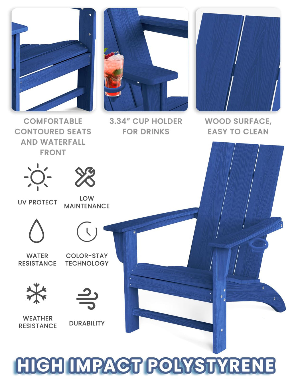 Adirondack Chair with Cup Holder, HDPE Plastic Patio Chairs W711