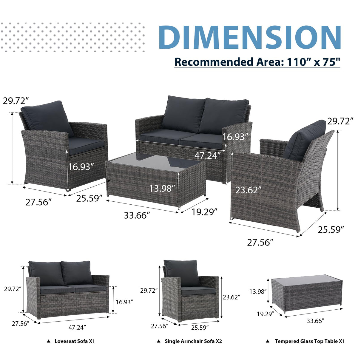 4 Piece Dark Gray Wicker Patio Furniture Set U9073