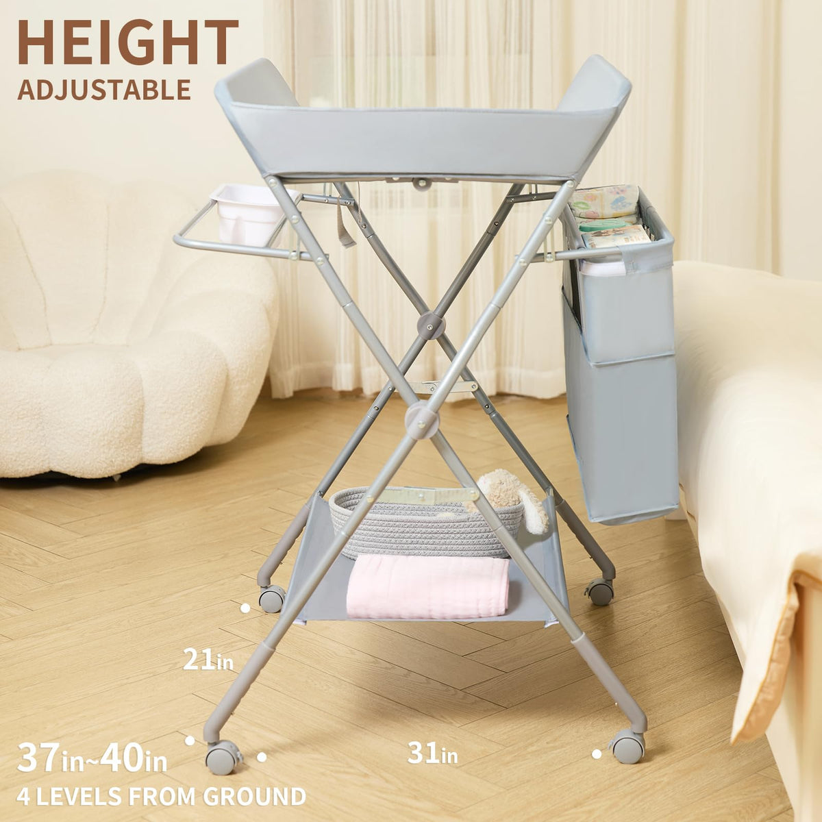 Foldable Baby Changing Table with Wheels O589842
