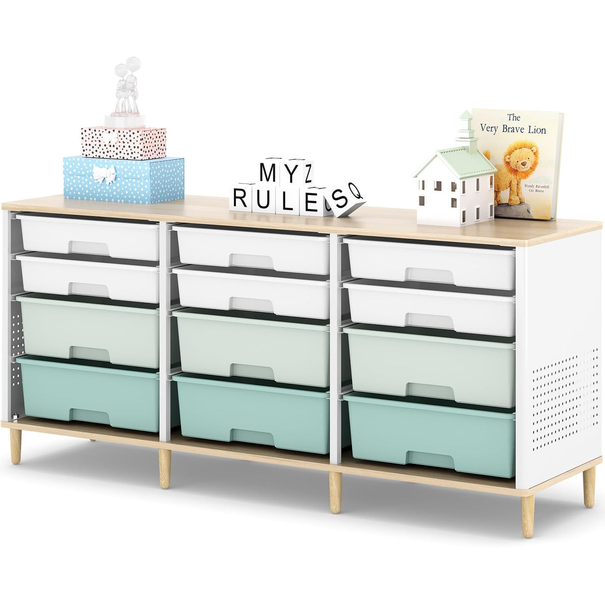 12 Drawers Storage Cabinet with Wooden Top and Plastic Bins Q6167
