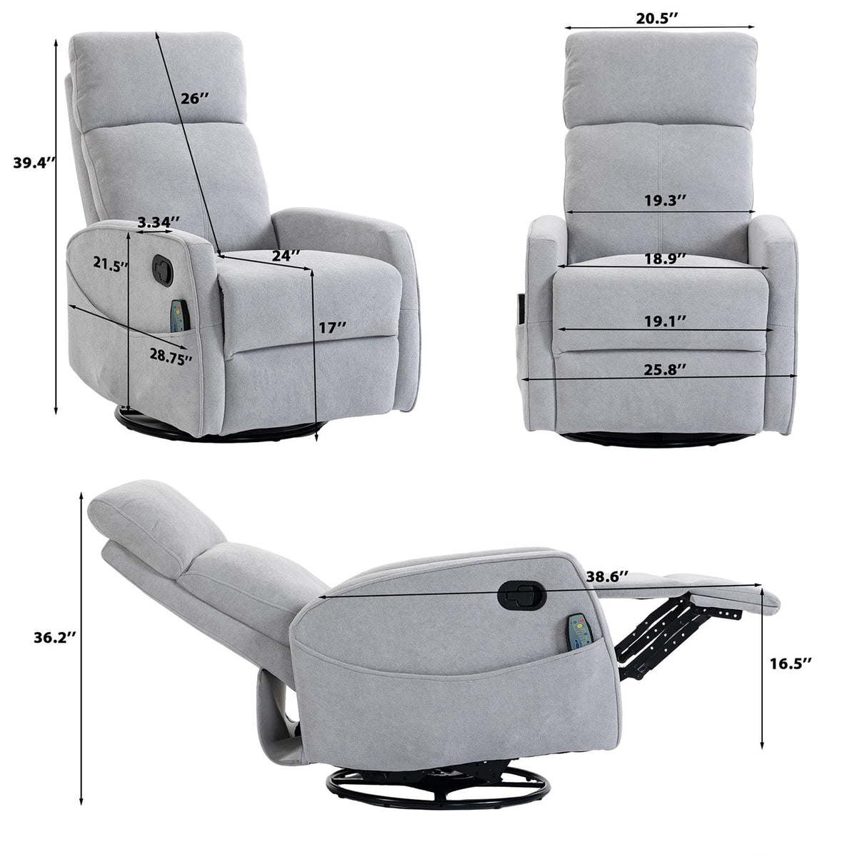 Gray Manual Swivel Glider Recliner with Massage E66611