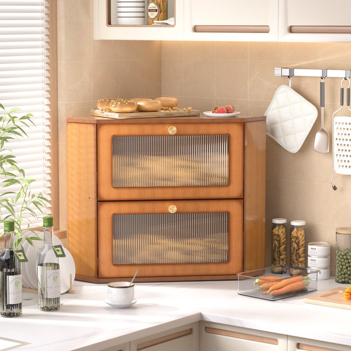 Large Capacity 2 Layer Bamboo Bread Box with Acrylic Window R53327