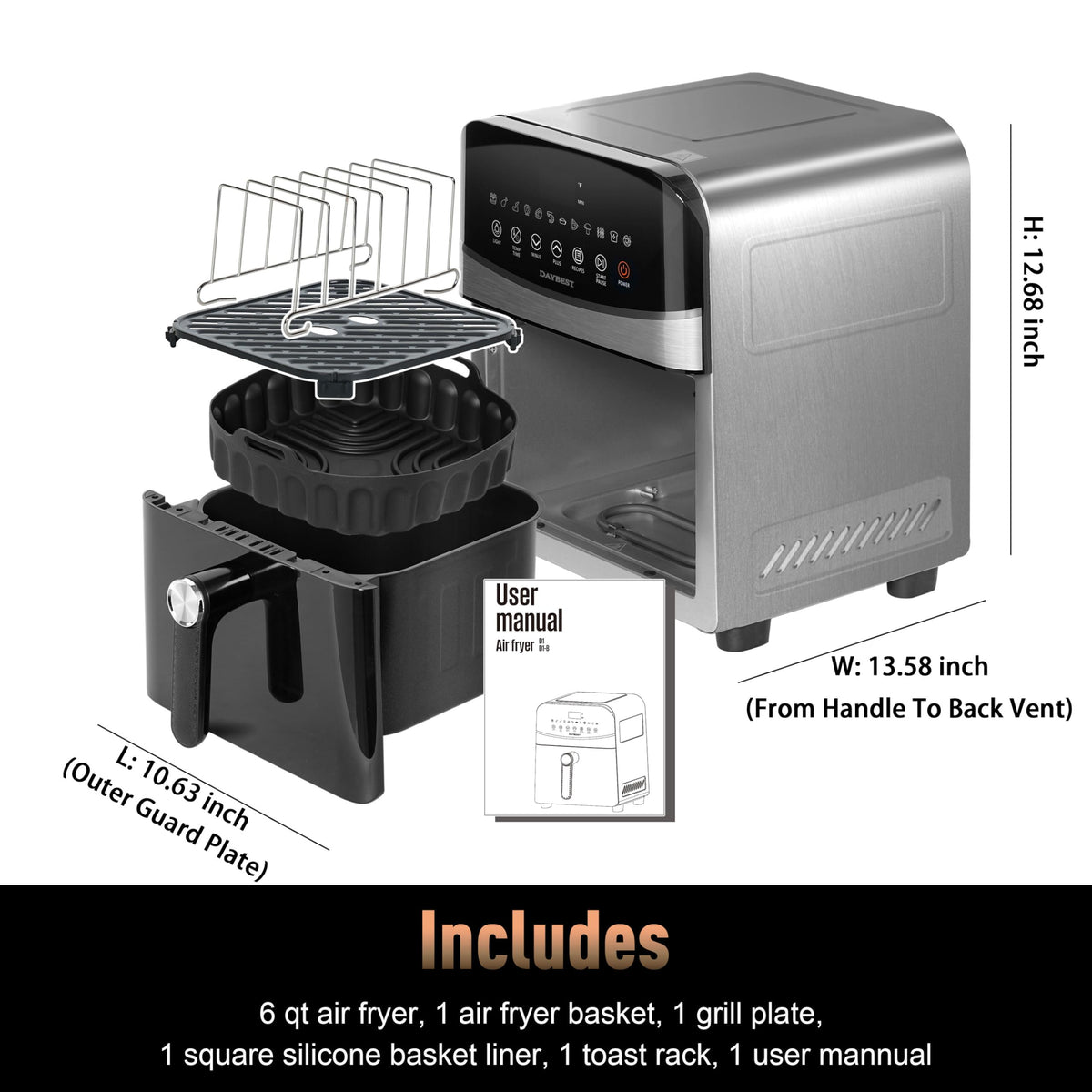 Stainless Steel Ceramic Coated 6QT Air Fryer I201