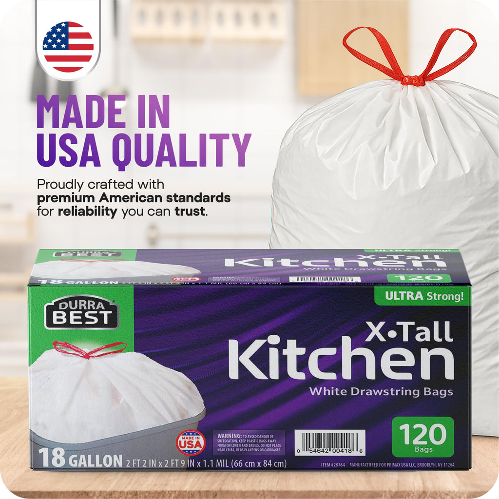 120 Count 18 Gallon White Heavy-Duty Drawstring Trash Bags J3456