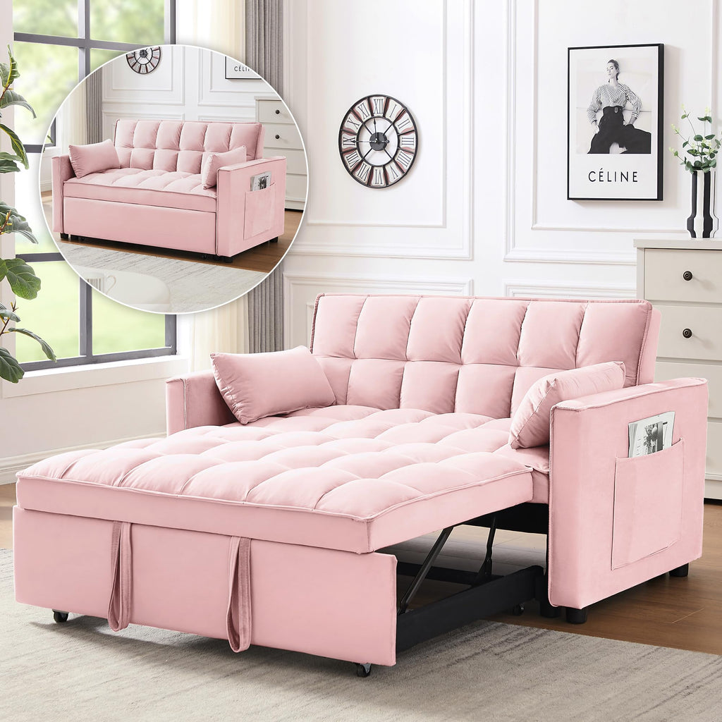 3 in 1 Convertible Sleeper Sofa Bed Velvet Pink Y974727
