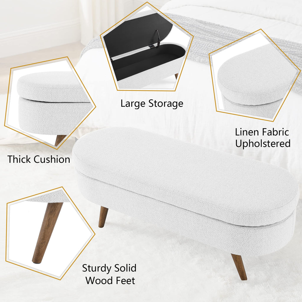 White Linen Fabric Upholstered Storage Bench with Solid Wood Legs T103