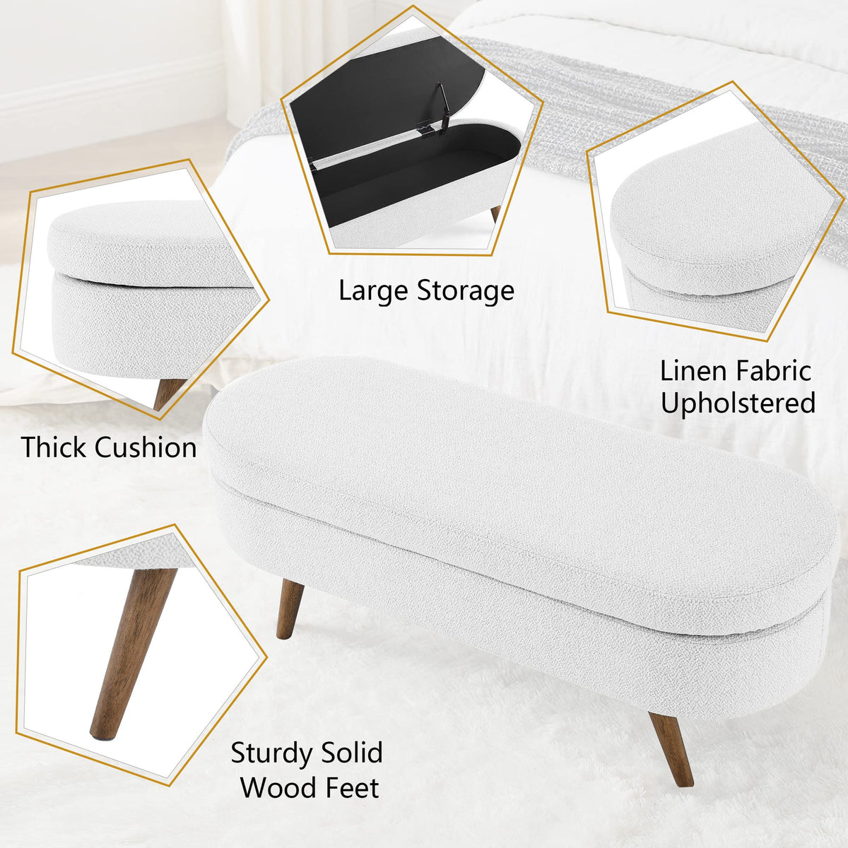 White Linen Fabric Upholstered Storage Bench with Solid Wood Legs T103