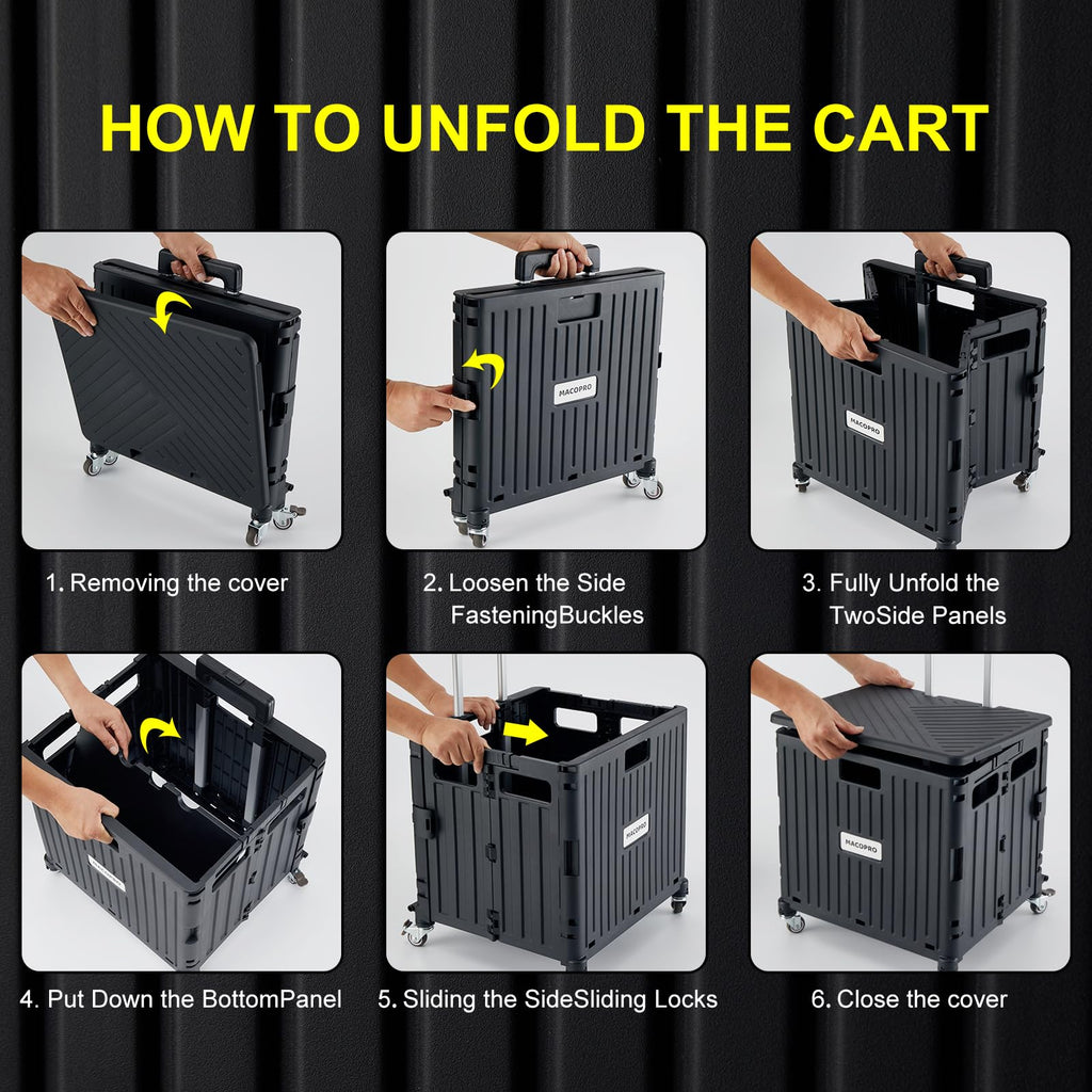 Folding Utility Cart Rolling Crate Handcart with Lid Black W696267