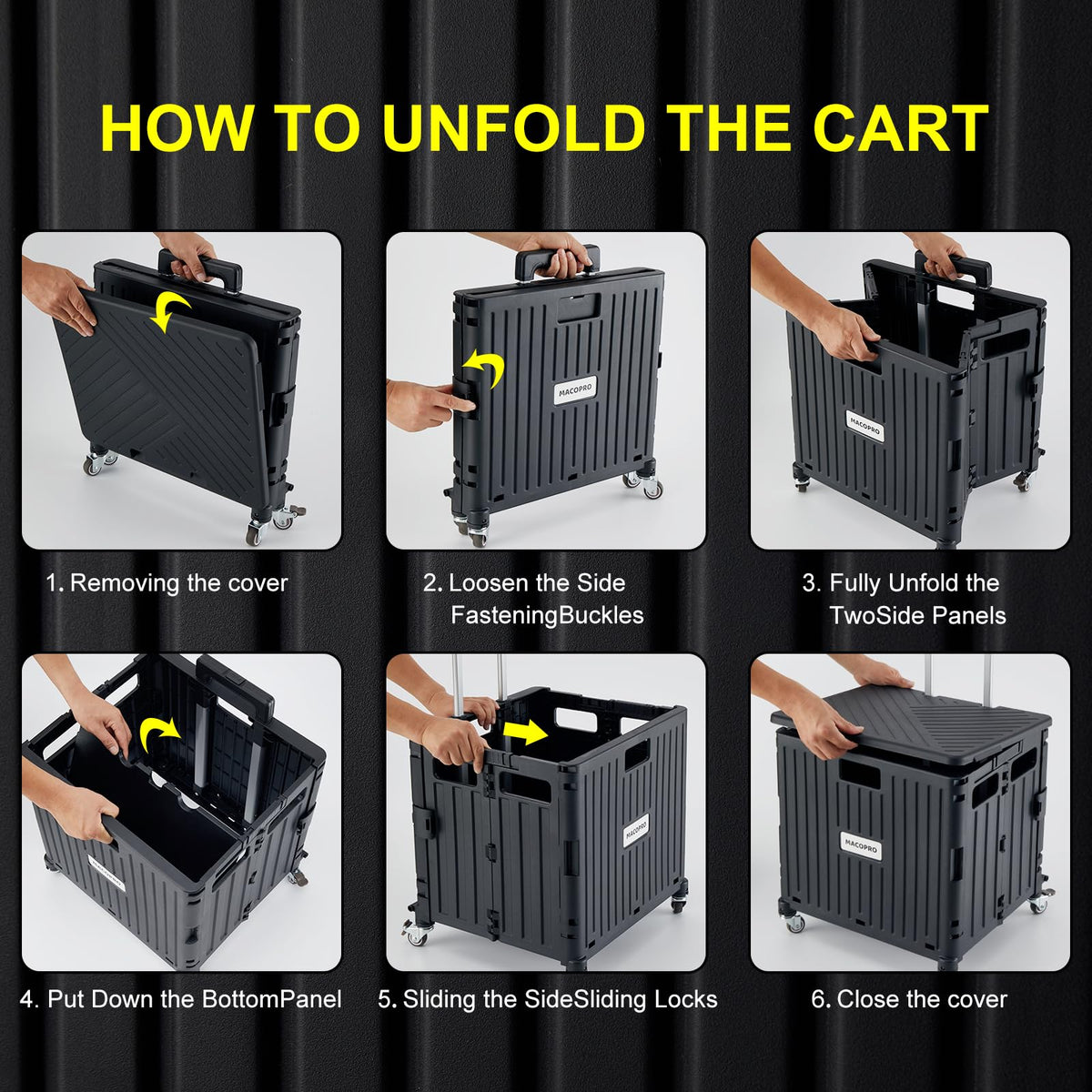 Folding Utility Cart Rolling Crate Handcart with Lid Black W696267