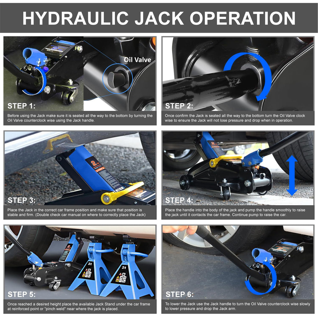 Low Profile Hydraulic Trolley Floor Jack with 2 Ratchet Jack Stands, 2 Ton Capacity, Blue L78748