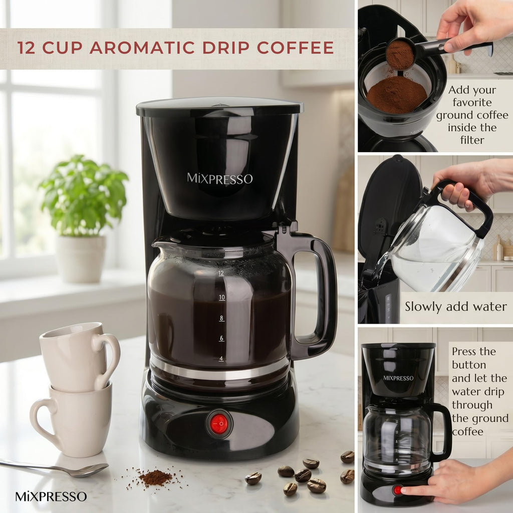 12 Cup Drip Coffee Maker with Reusable Filter, Black J93798
