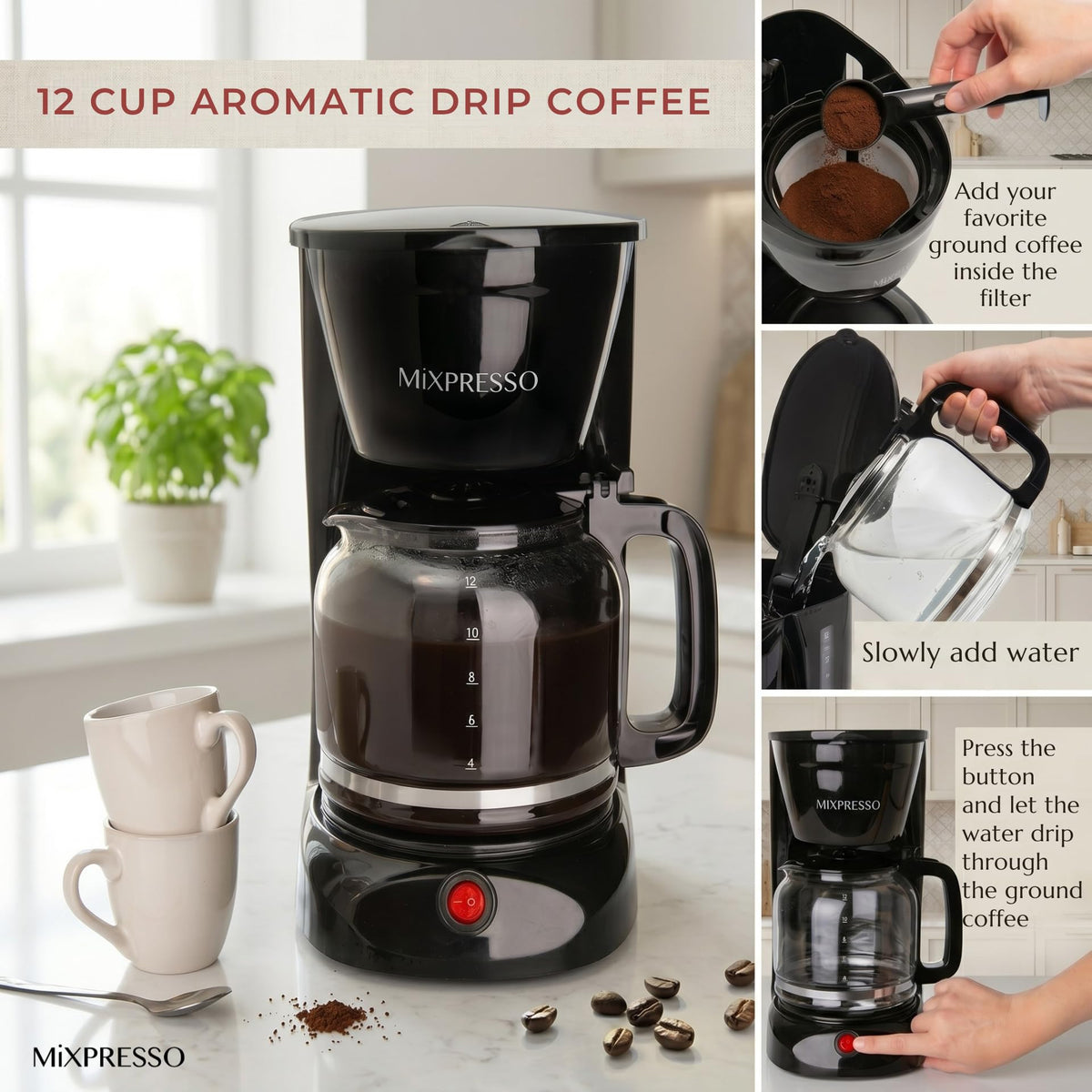 12 Cup Drip Coffee Maker with Reusable Filter, Black J93798