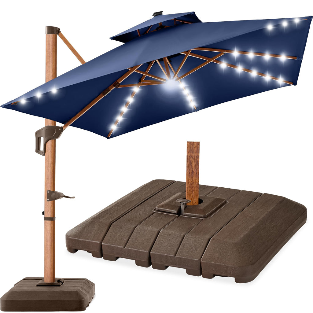 10ft Square Cantilever Patio Umbrella with Base and Solar LED Lights N250