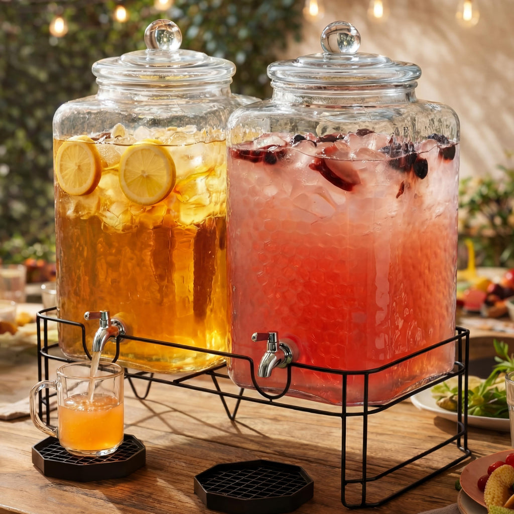 2 Pack 5 Gallon Hammered Glass Drink Dispenser with Stand G860249