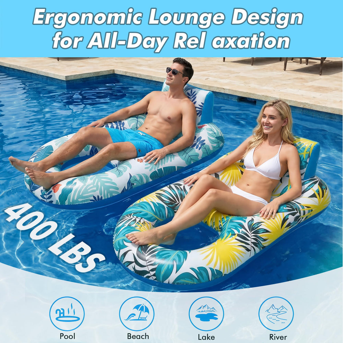 2 Pack Adult Pool Float Lounger with Cup Holders Z1625