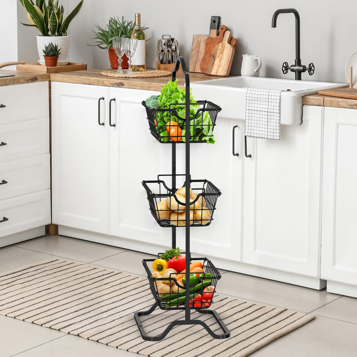 3-Tier Wire Fruit Basket Stand, Black P11727