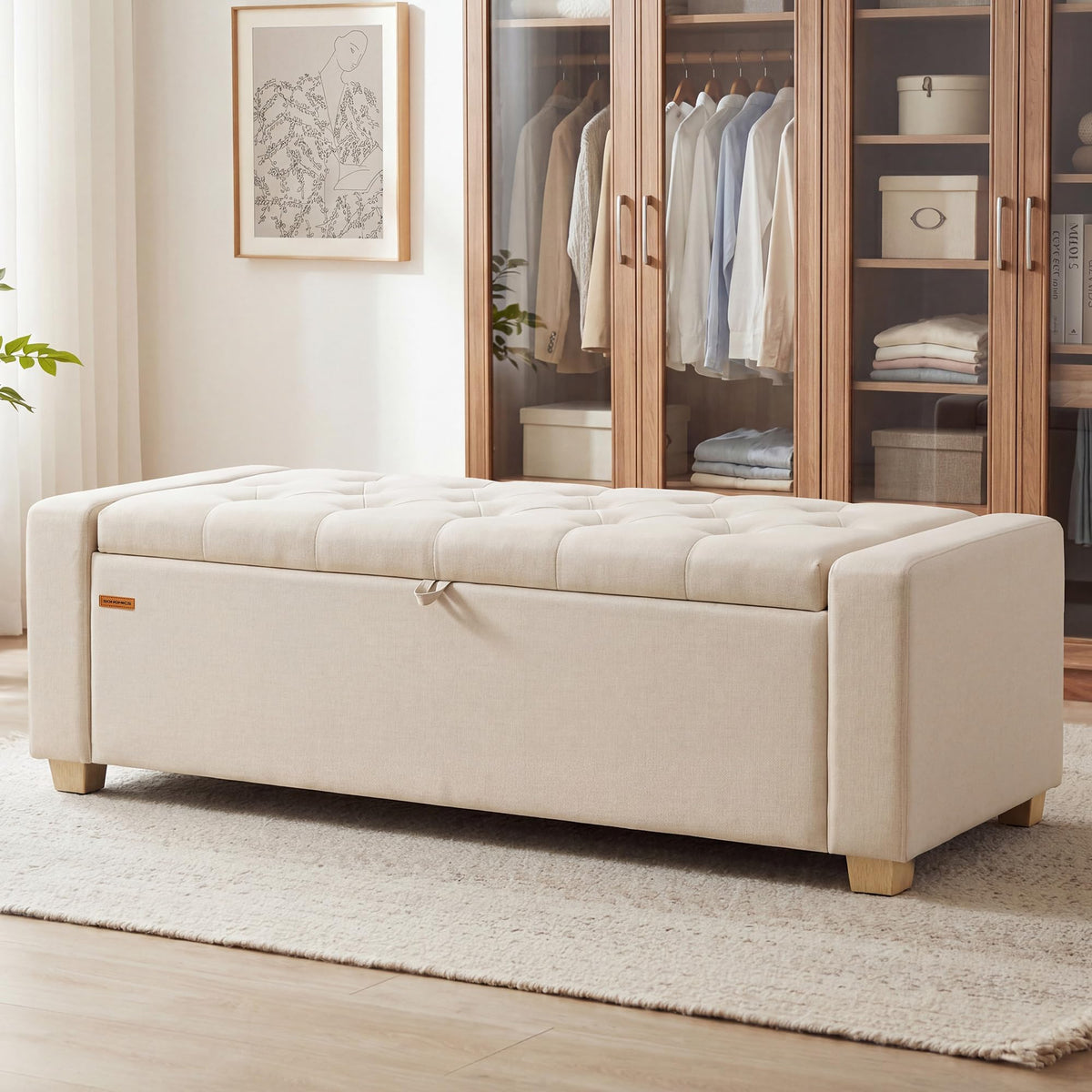 48 Inches Storage Ottoman with Solid Wood Legs H407454