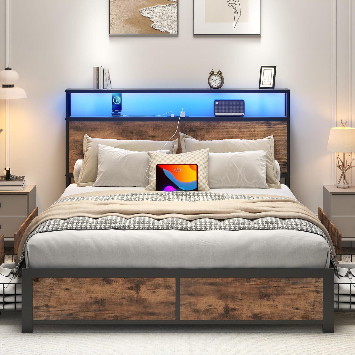 Full Metal Platform Bed Frame with Storage Headboard and Drawers U548