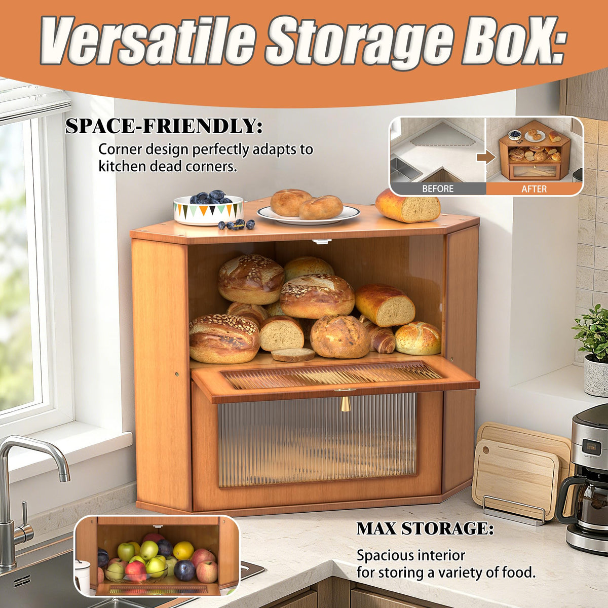 Large Capacity 2 Layer Bamboo Bread Box with Acrylic Window R53327