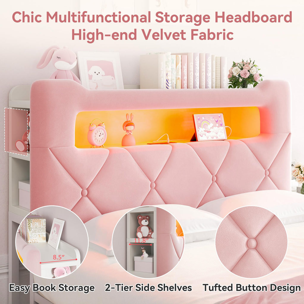 Pink Velvet Upholstered Platform Bed Frame with 2 Storage Drawers Y63088
