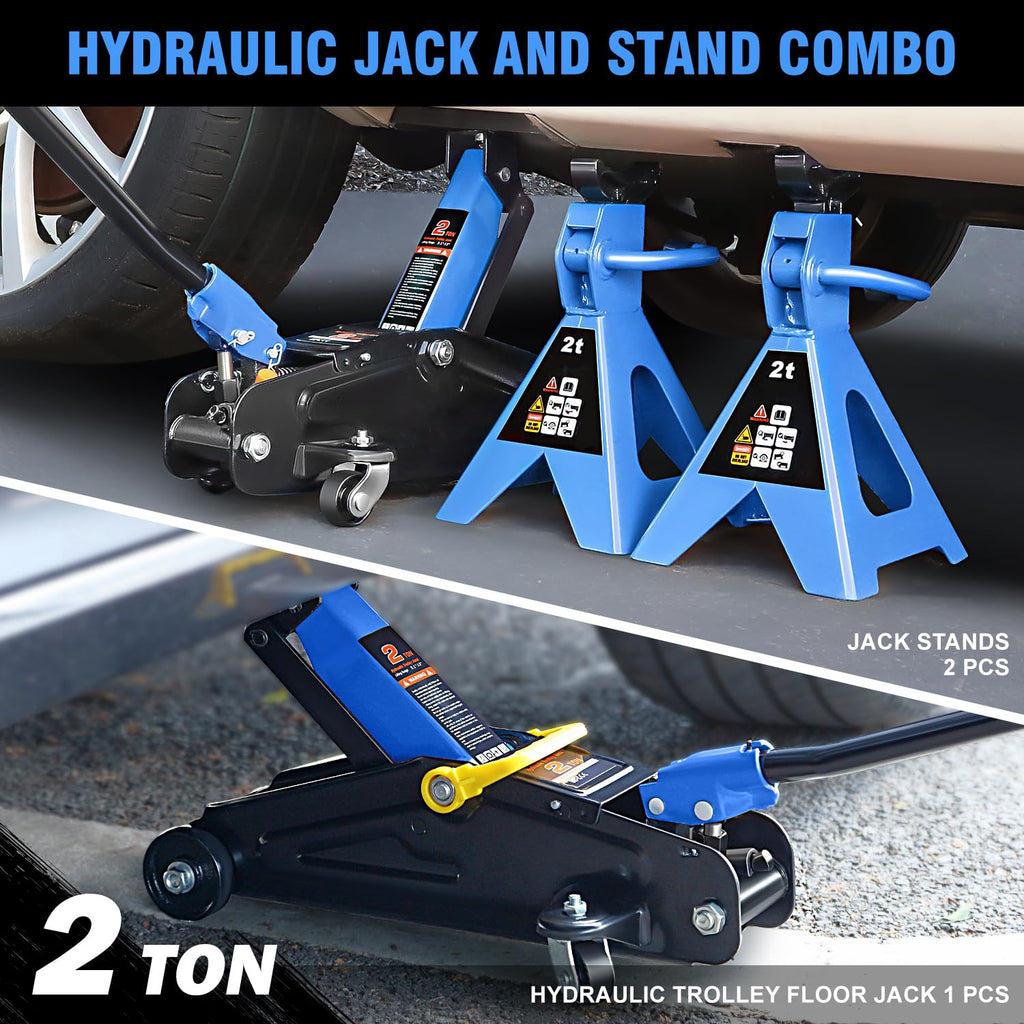 Low Profile Hydraulic Trolley Floor Jack with 2 Ratchet Jack Stands, 2 Ton Capacity, Blue L78748