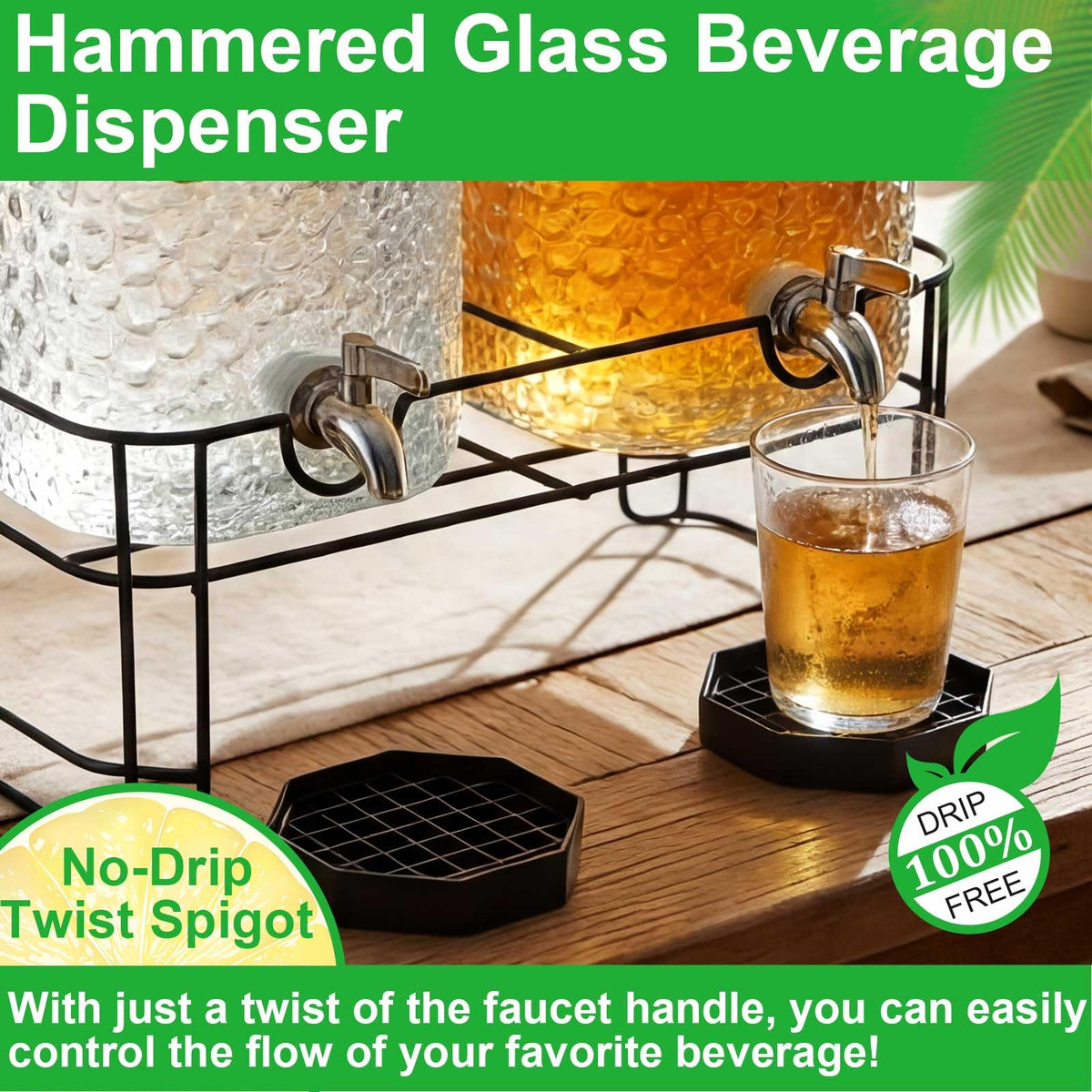 2 Pack 5 Gallon Hammered Glass Drink Dispenser with Stand G860249