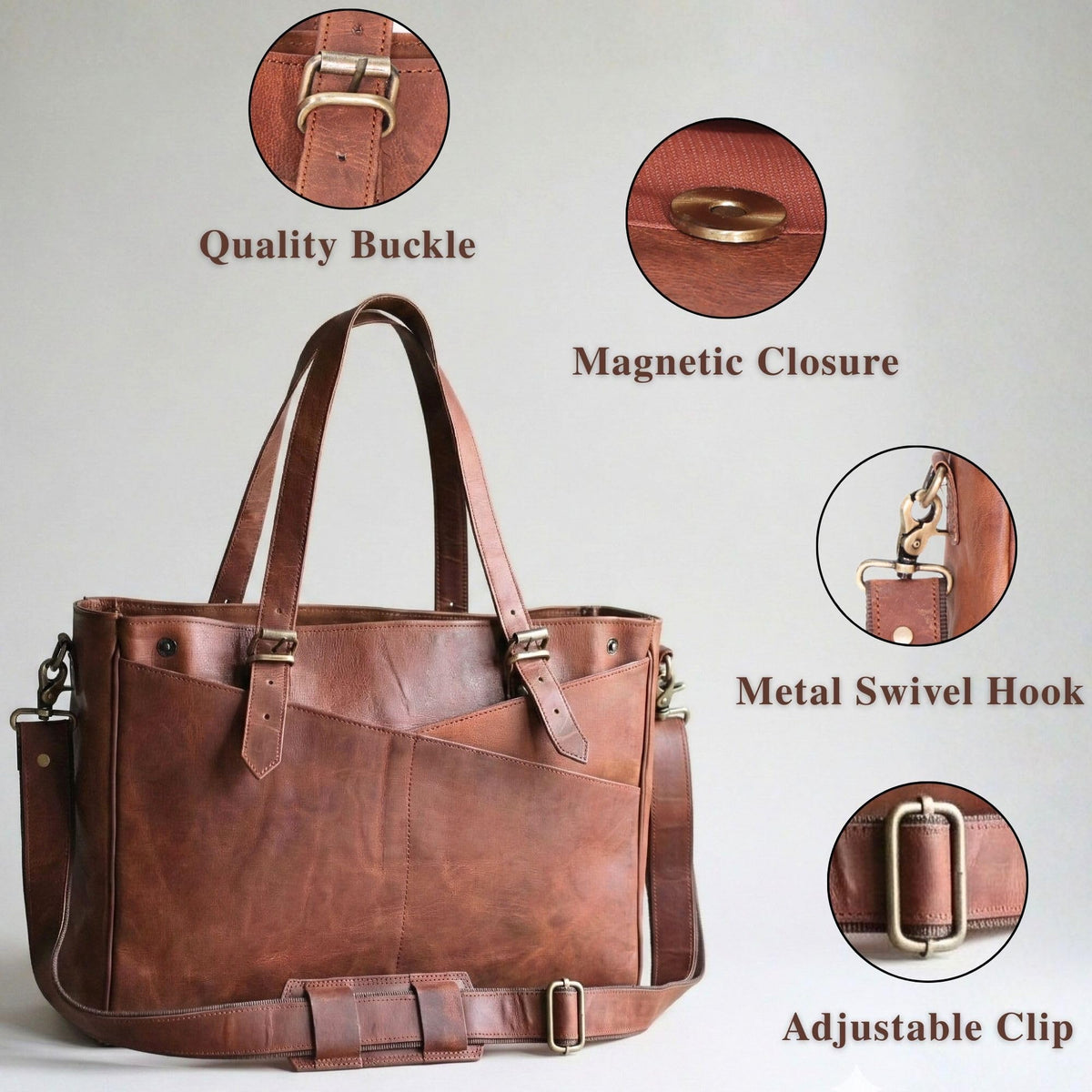 17-inch Large Brown Genuine Leather Laptop Bag W83774