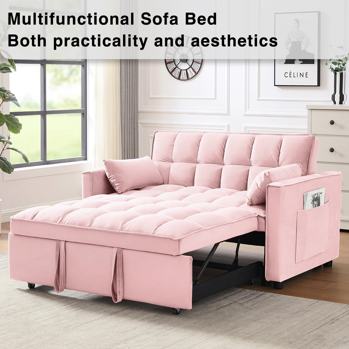 3 in 1 Convertible Sleeper Sofa Bed Velvet Pink Y974727