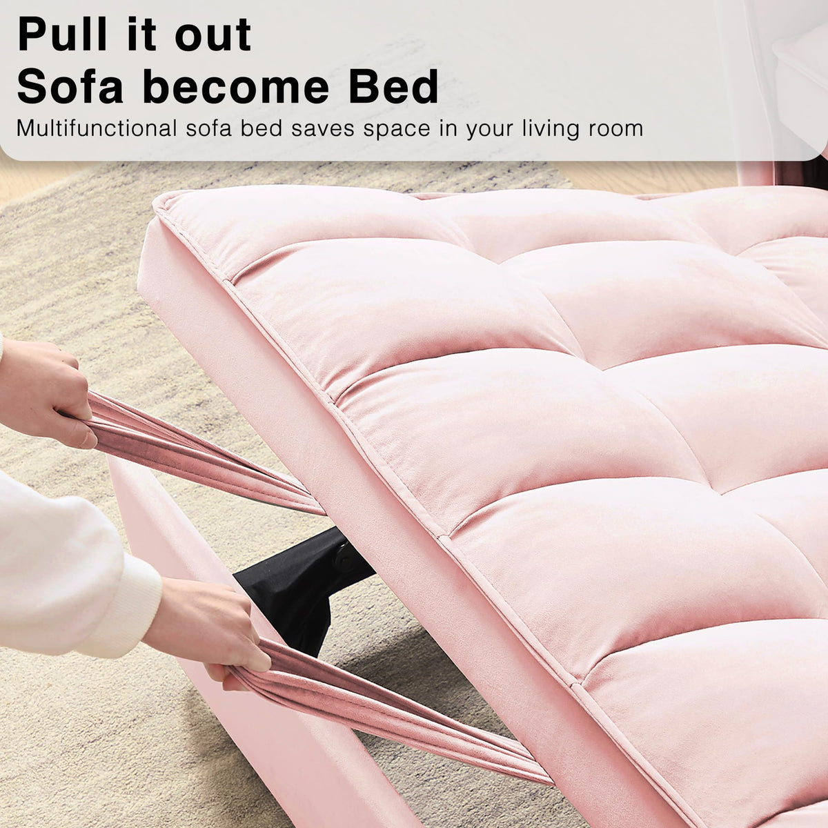 3 in 1 Convertible Sleeper Sofa Bed Velvet Pink Y974727