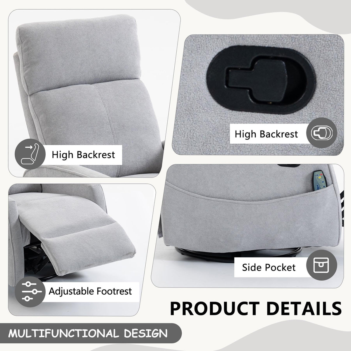 Gray Manual Swivel Glider Recliner with Massage E66611
